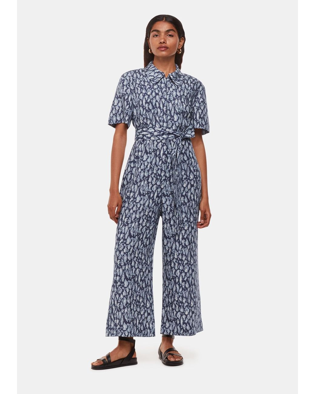 Whistles Blue Petite Leopard Linen Blend Jumpsuit