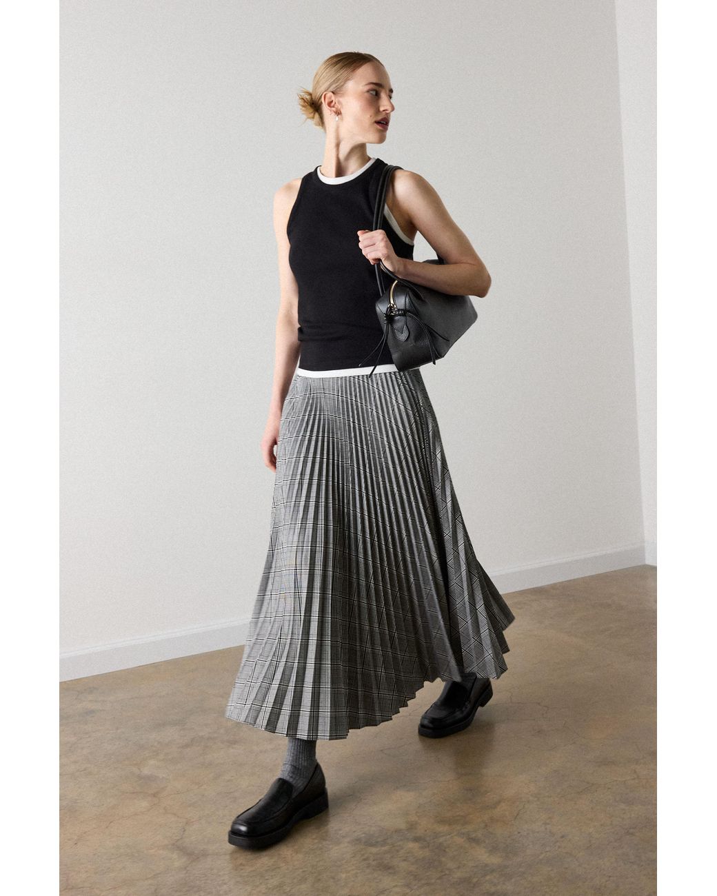 Whistles Gray Check Pleated Midi Skirt