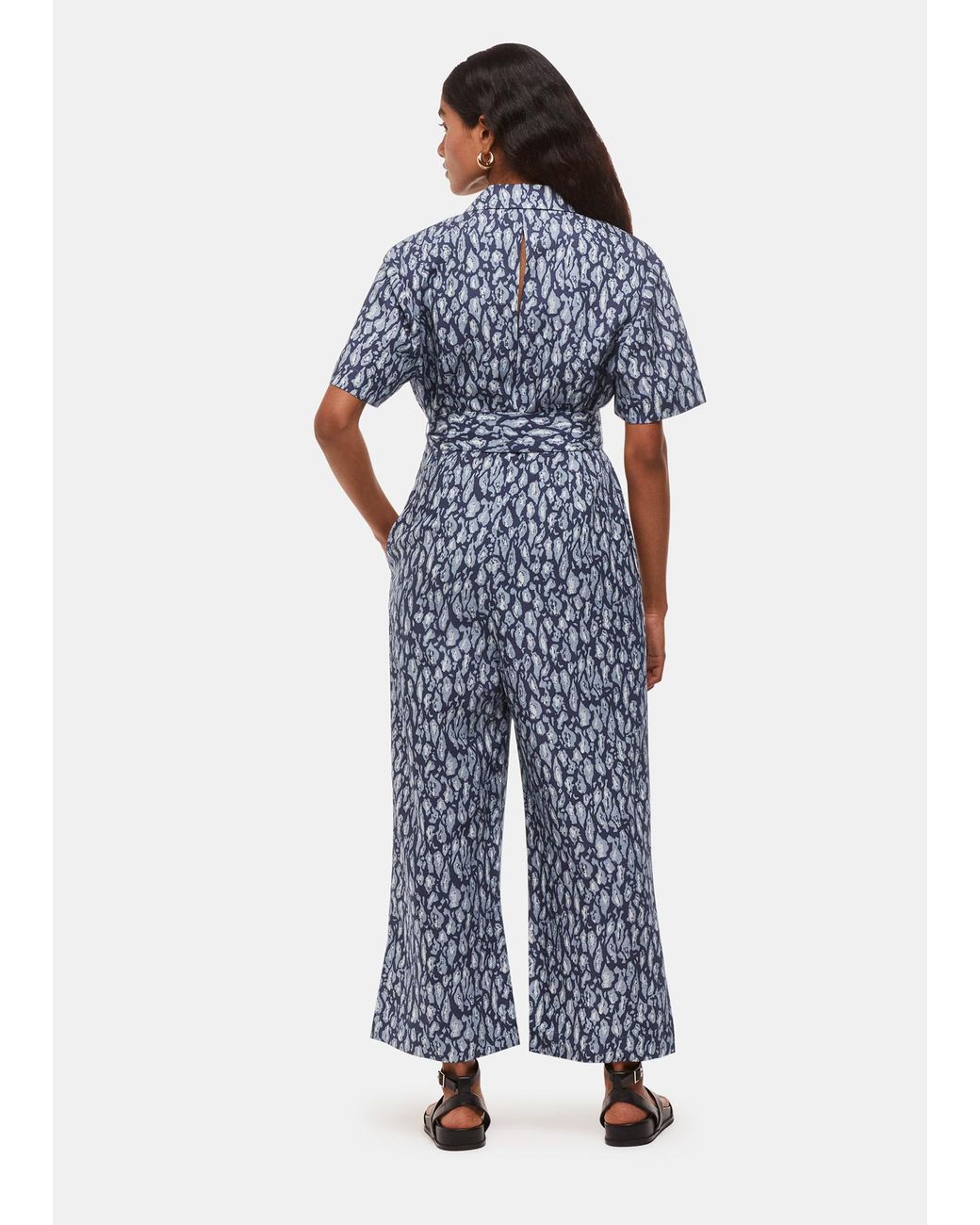Whistles Blue Petite Leopard Linen Blend Jumpsuit