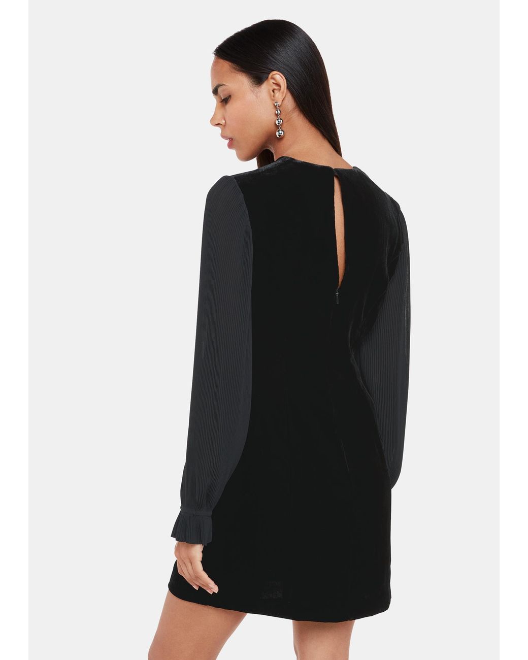 Whistles Black Velvet Pleat Sleeve Mini Dress