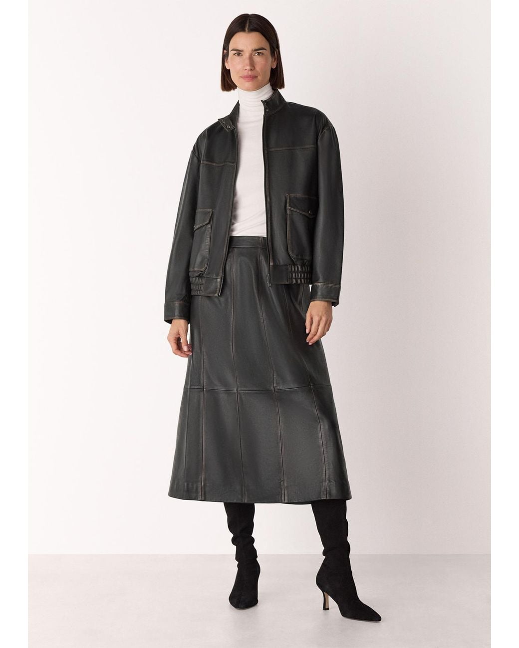Whistles Black Burnished Leather Bomber