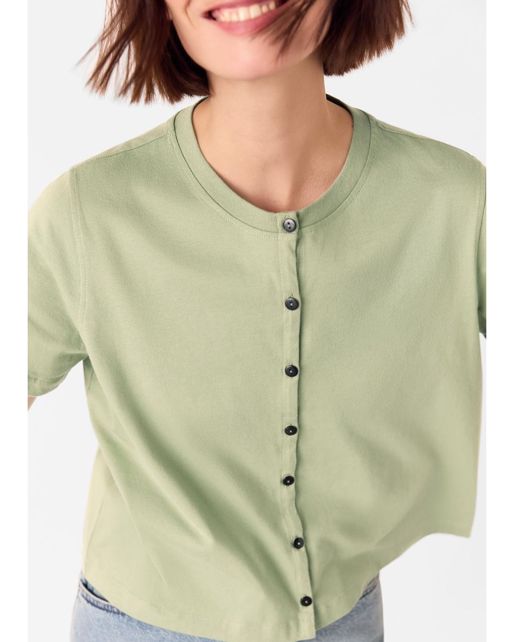 Whistles Green Round Neck Button Up Tee