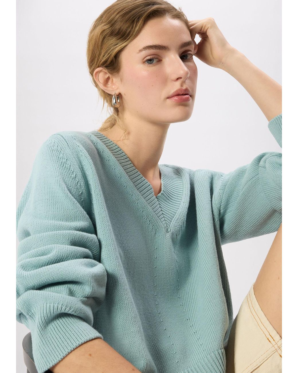 Whistles Green Cotton V Neck Relaxed Knit