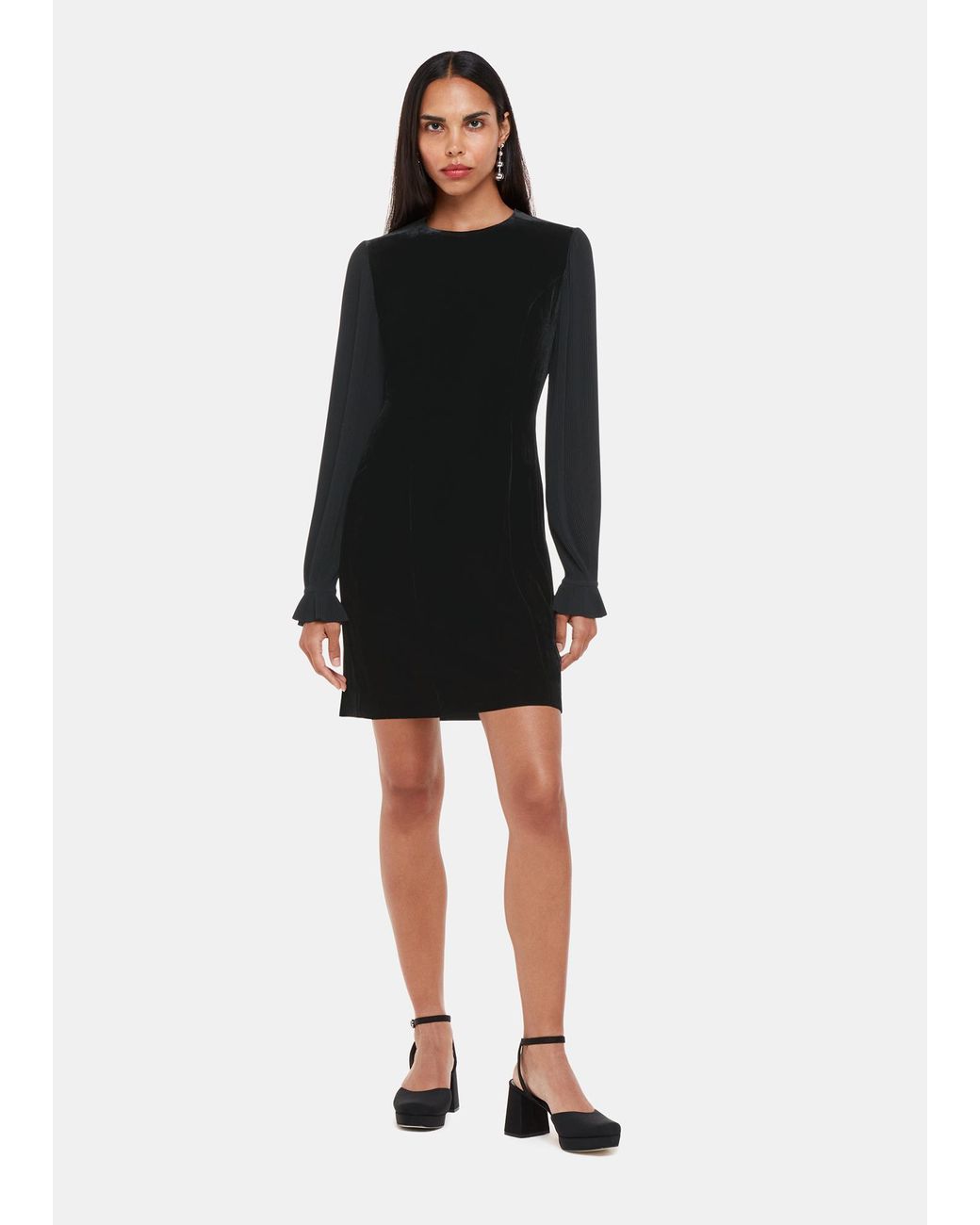 Whistles Black Velvet Pleat Sleeve Mini Dress