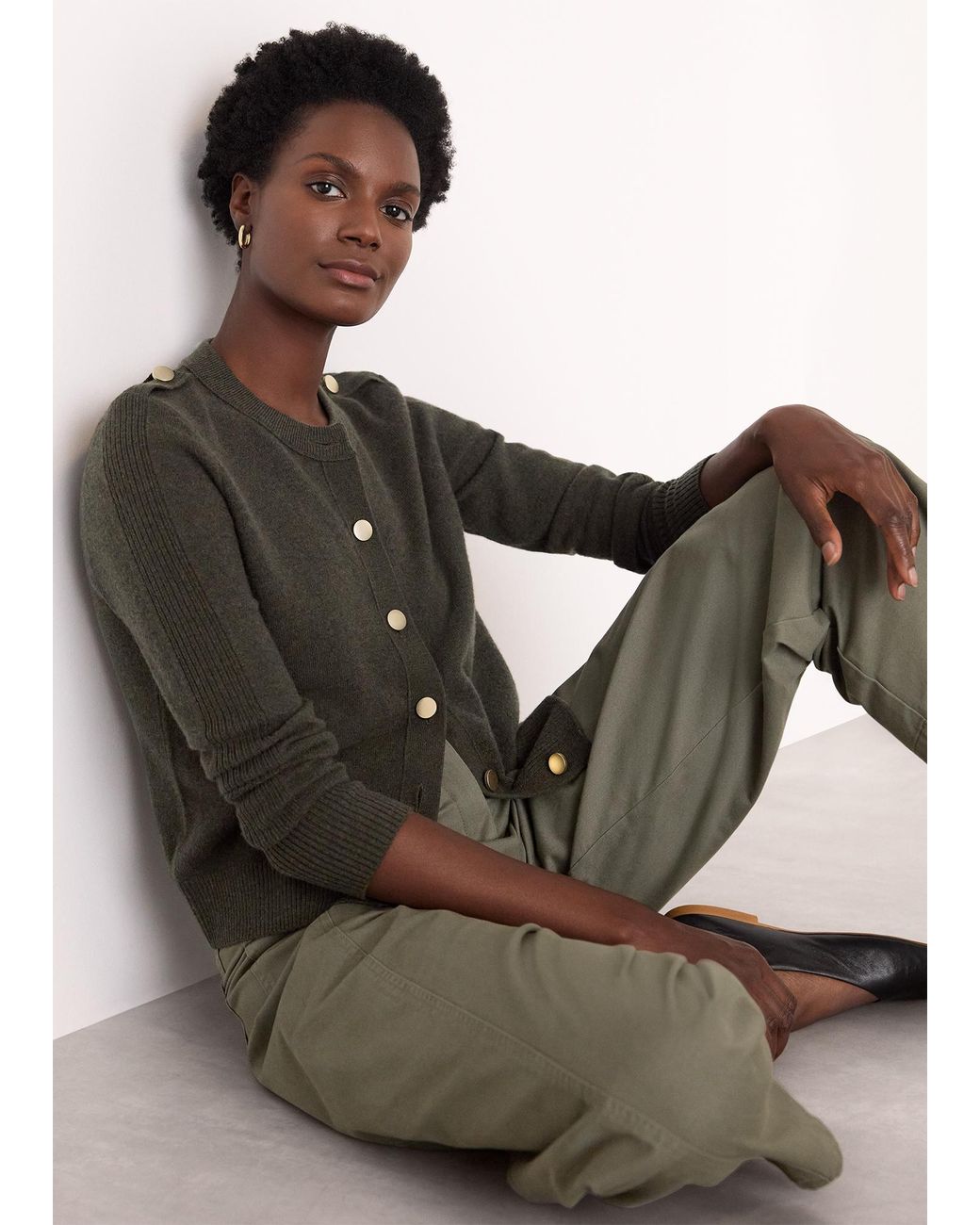 Whistles Brown Military Crew Neck Cardigan