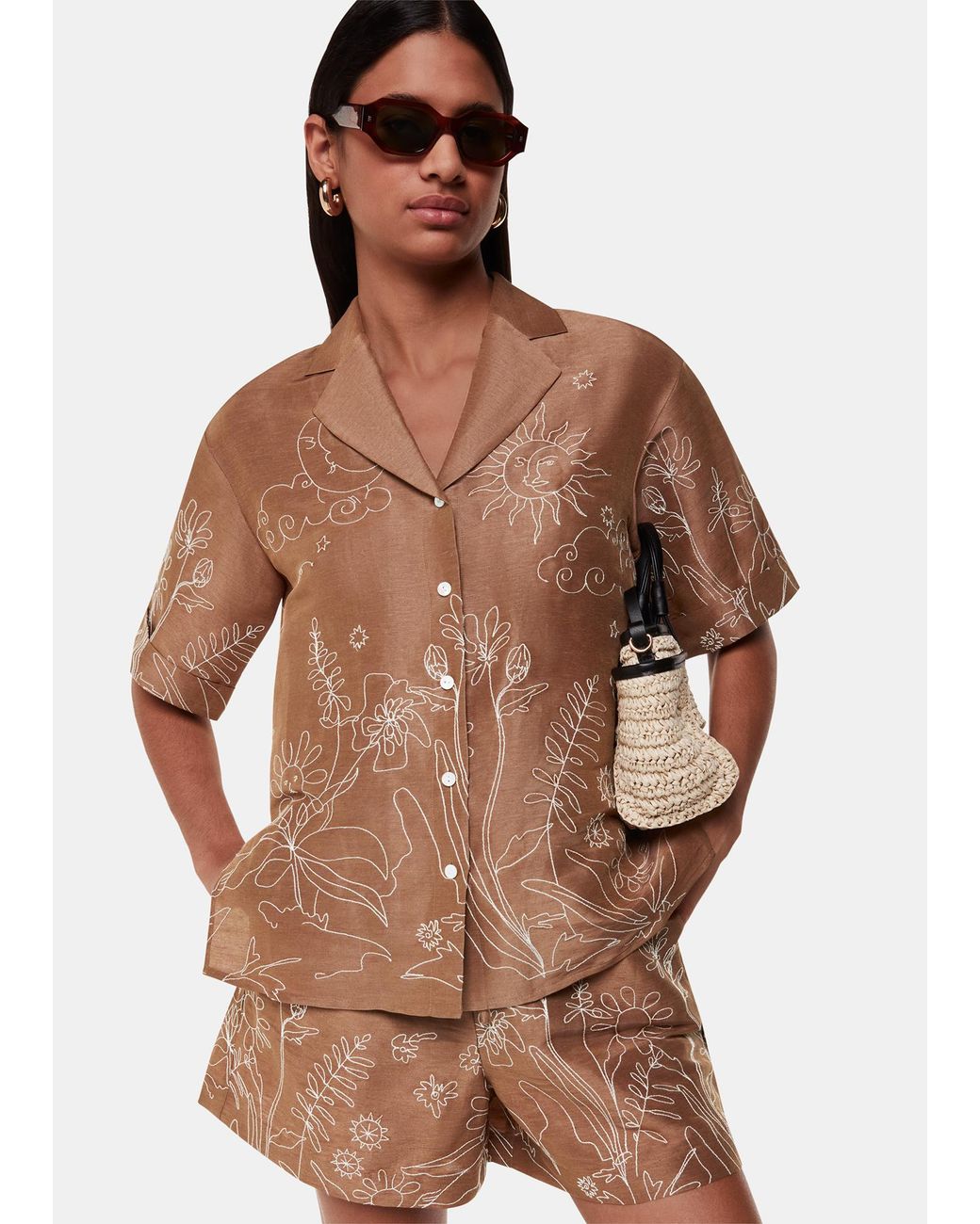 Whistles Brown Embroidered Scribble Shirt