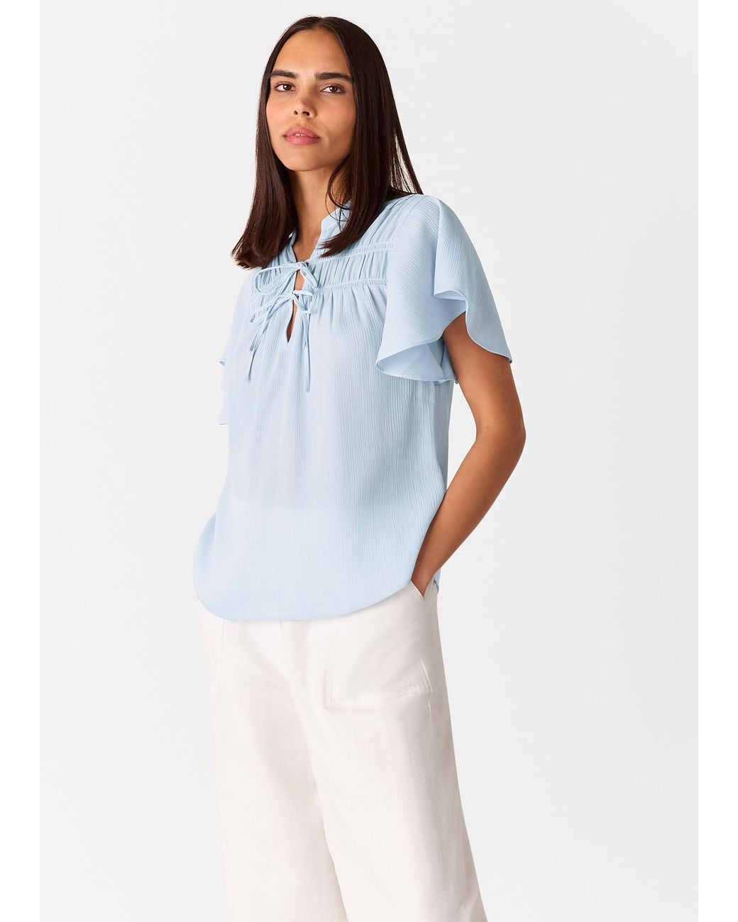 Whistles Blue Frill Sleeve Tie Front Blouse
