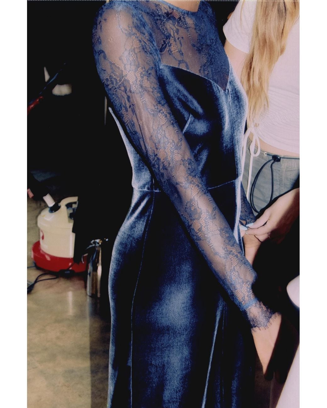 Whistles Blue Lace Sleeve Velvet Midi Dress