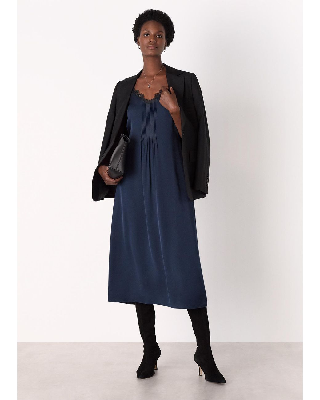 Whistles Blue Crepe Lace Trim Cami Dress