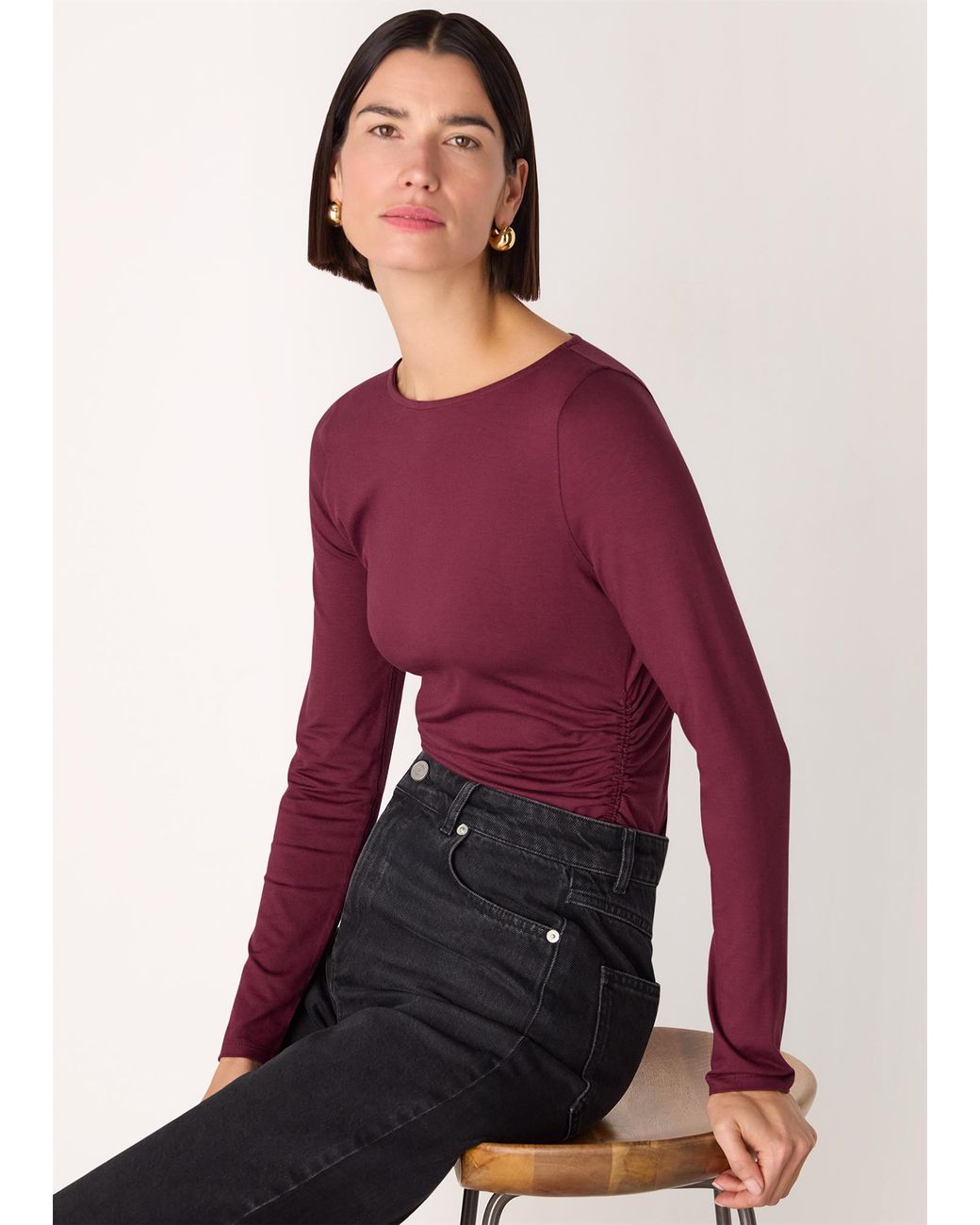 Whistles Red Ruched Side Long Sleeve Top
