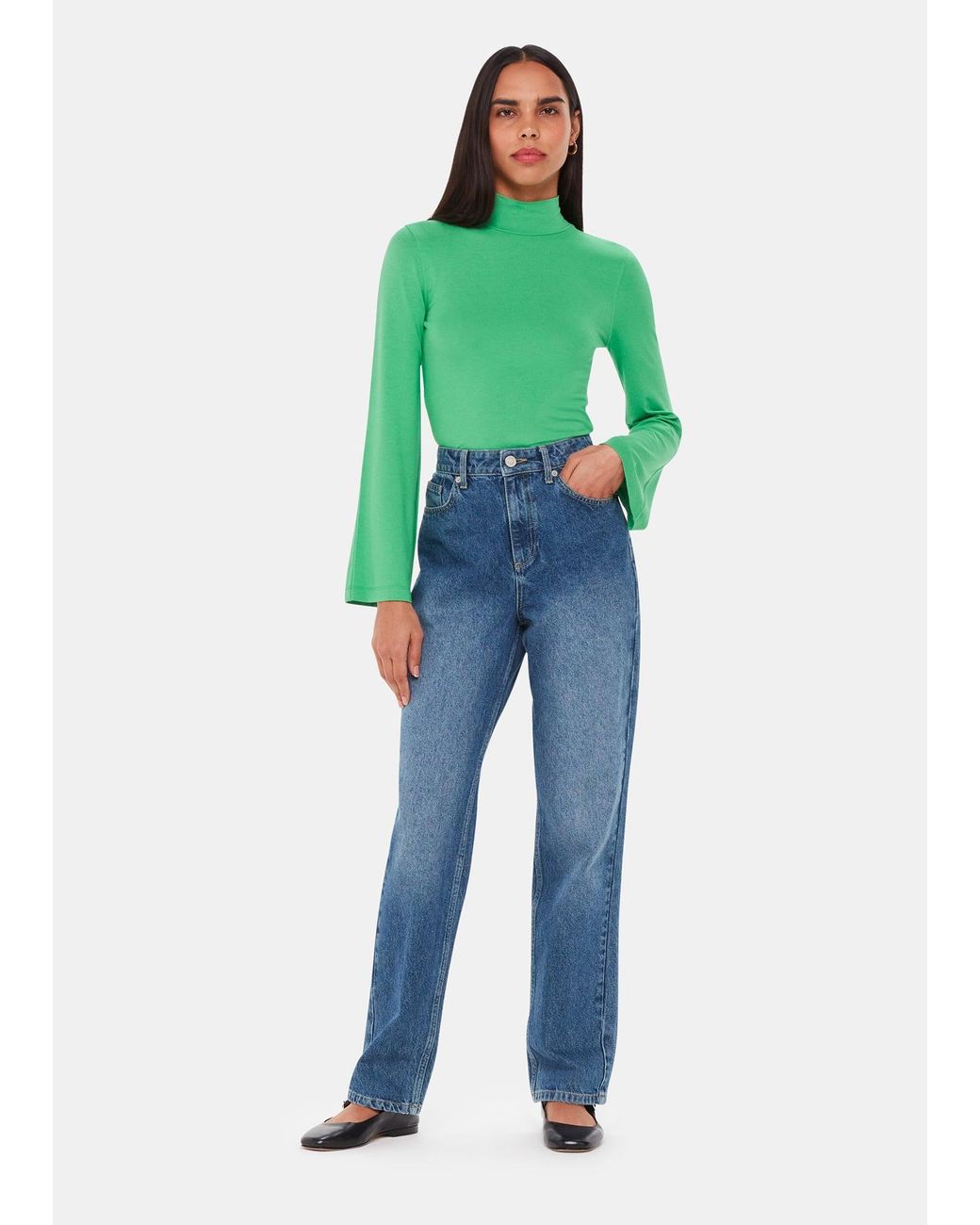 Whistles Green Wide Sleeve High Neck Top