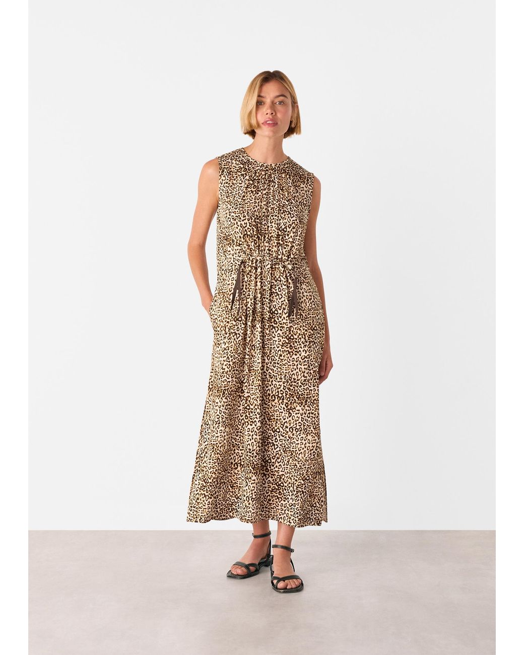 Whistles Natural Leopard Sleeveless Midi Dress