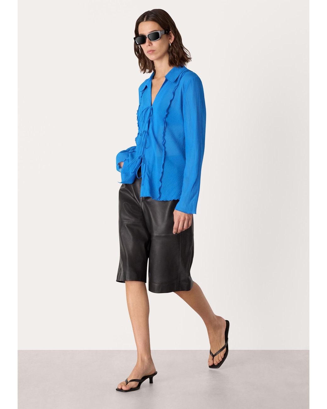Whistles Blue Tie Front Textured Shirt