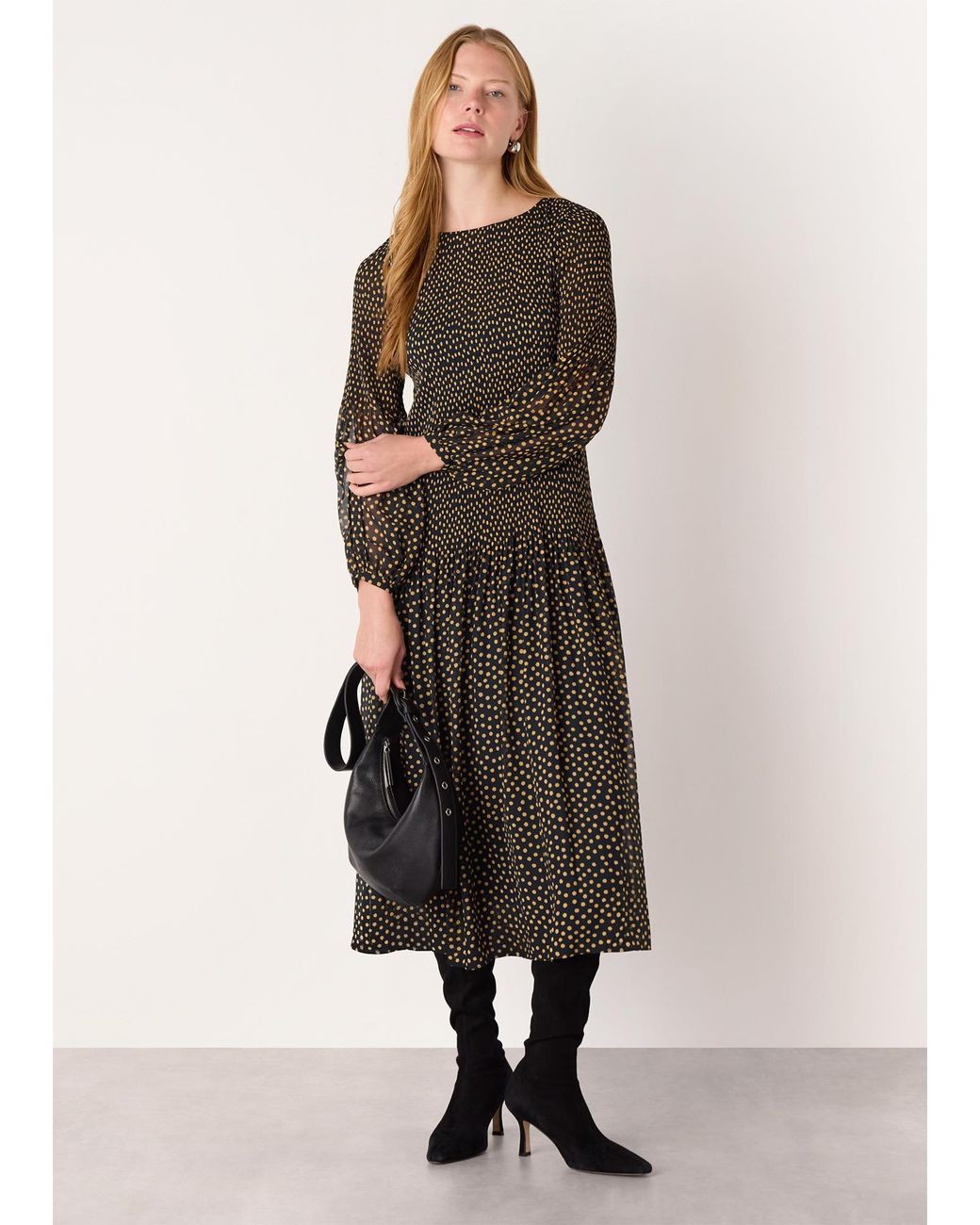 Whistles Natural Spot Print Plisse Midi Dress