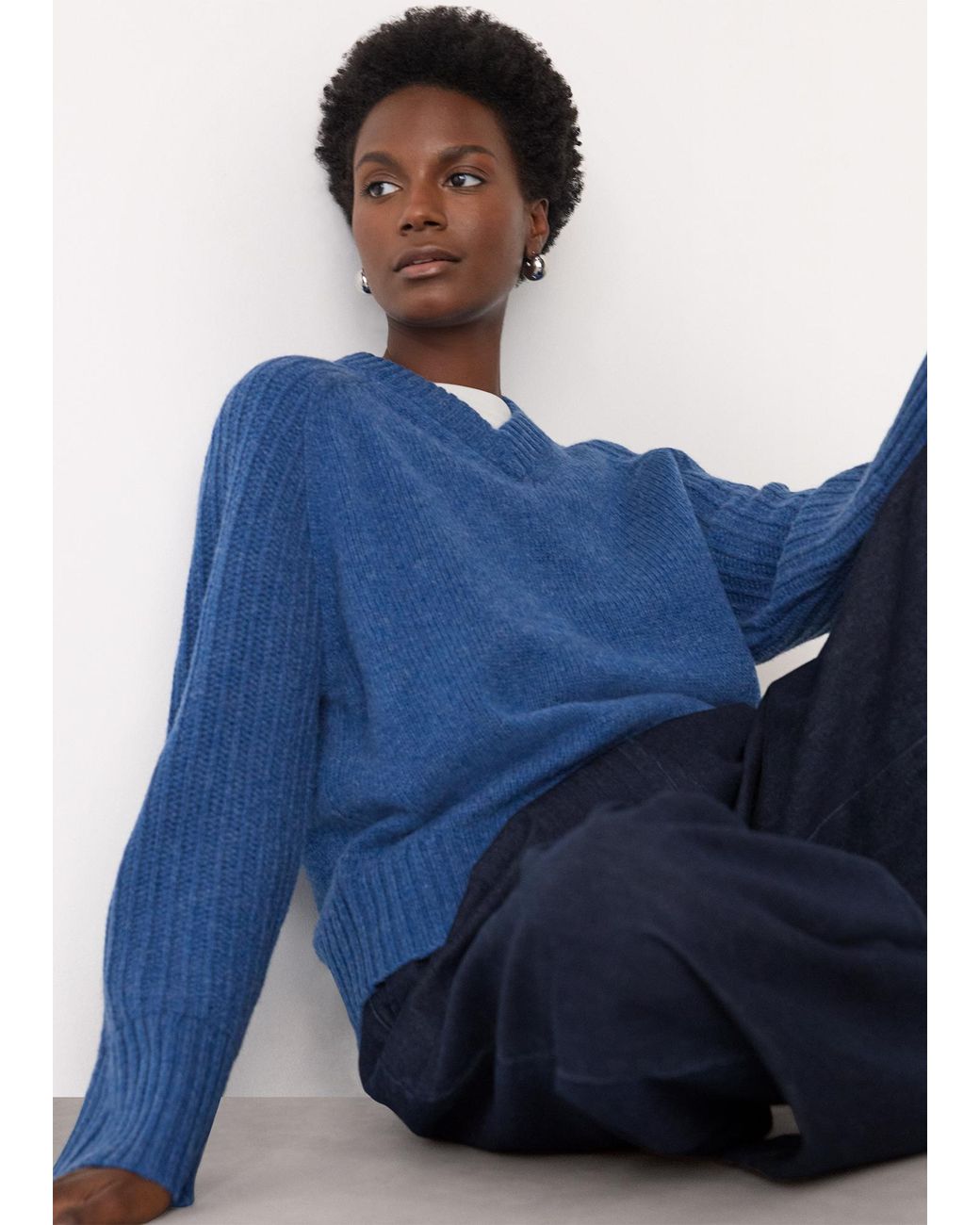 Whistles Blue Wool Ribbed Sleeve V Neck Knit