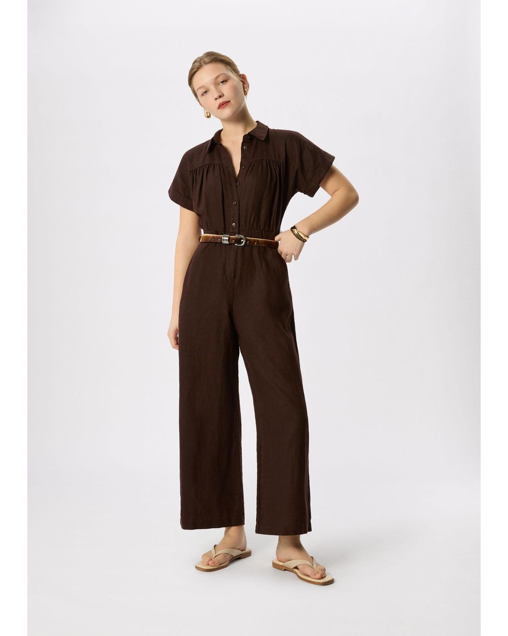 Whistles Brown Utility Linen Jumpsuit
