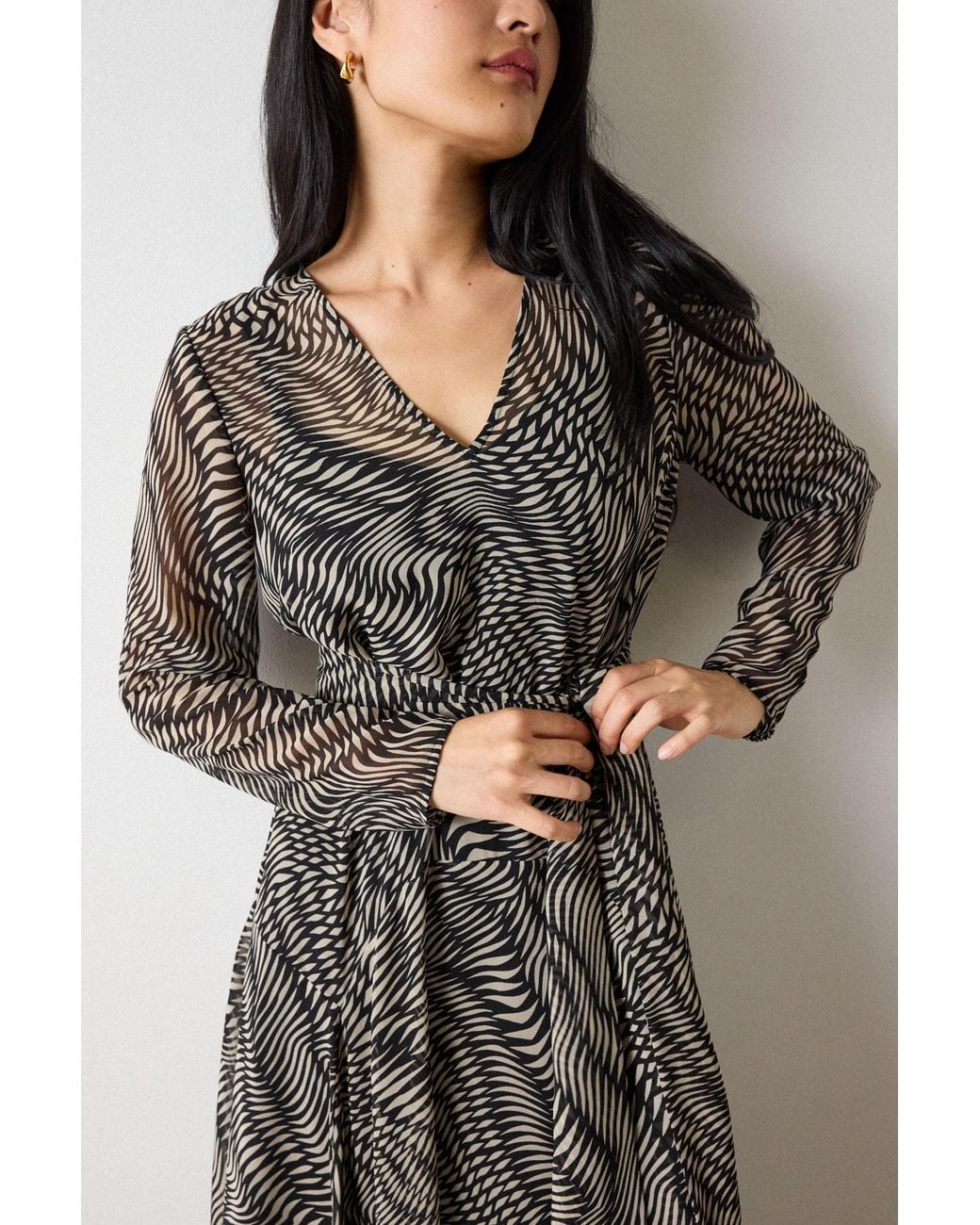 Whistles Brown Geo V Neck Scarf Midi Dress
