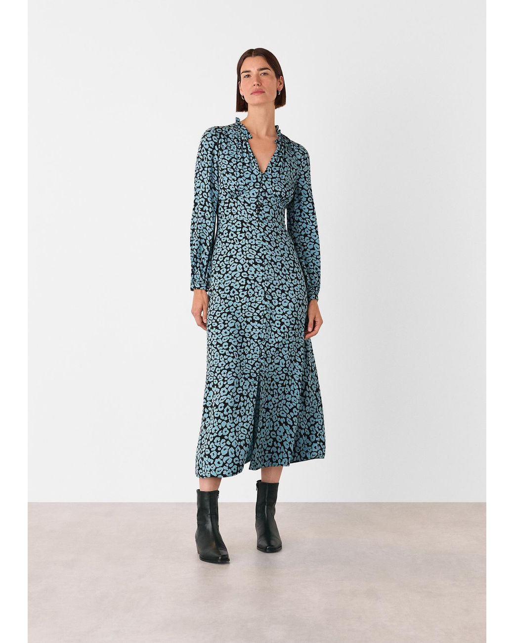 Whistles Blue Fuzzy Leopard Midi Dress