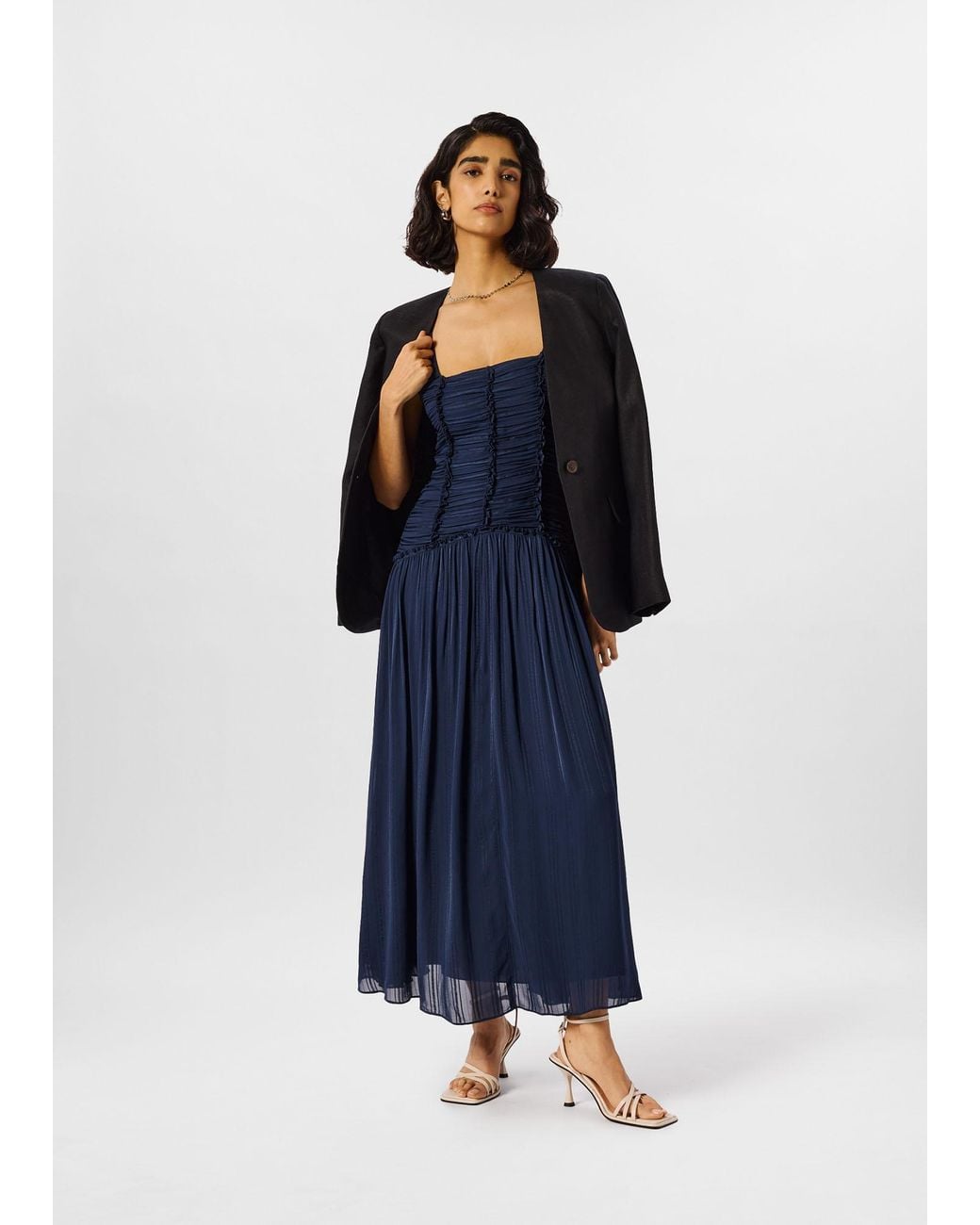 Whistles Blue Shirred Bodice Dress
