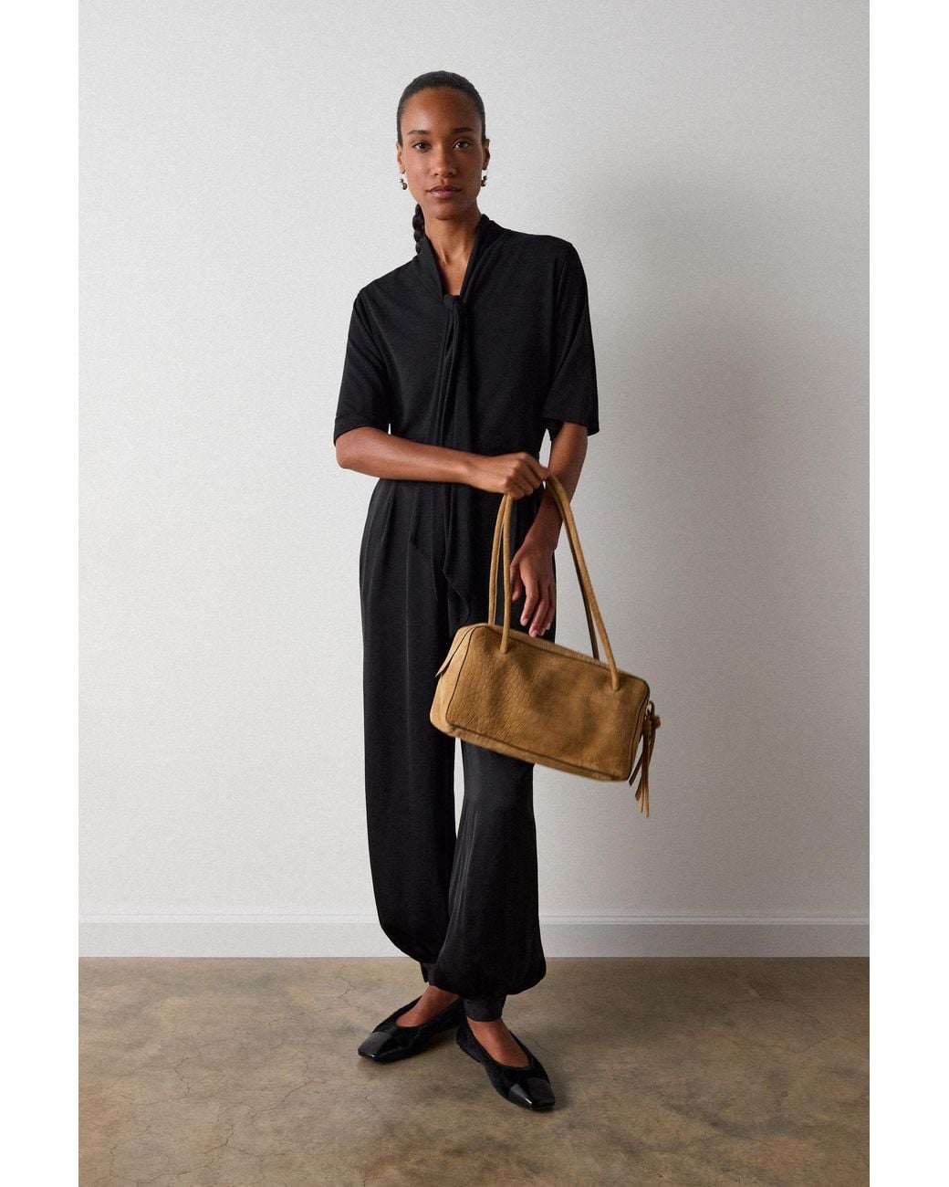 Whistles Black Short Sleeve Tie Neck Top