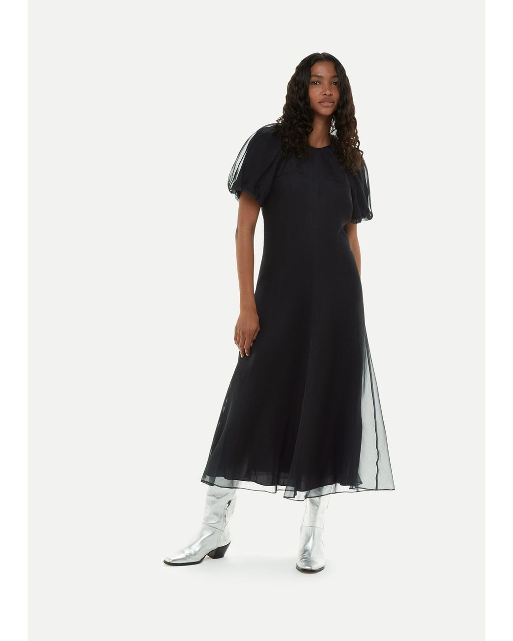 Whistles Black Organza Silk Puff Sleeve Dress