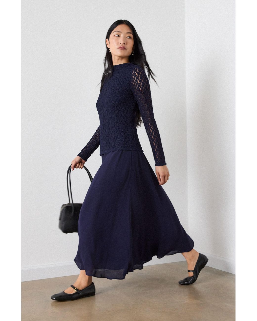 Whistles Blue Textured Drop Waist Midi Dress