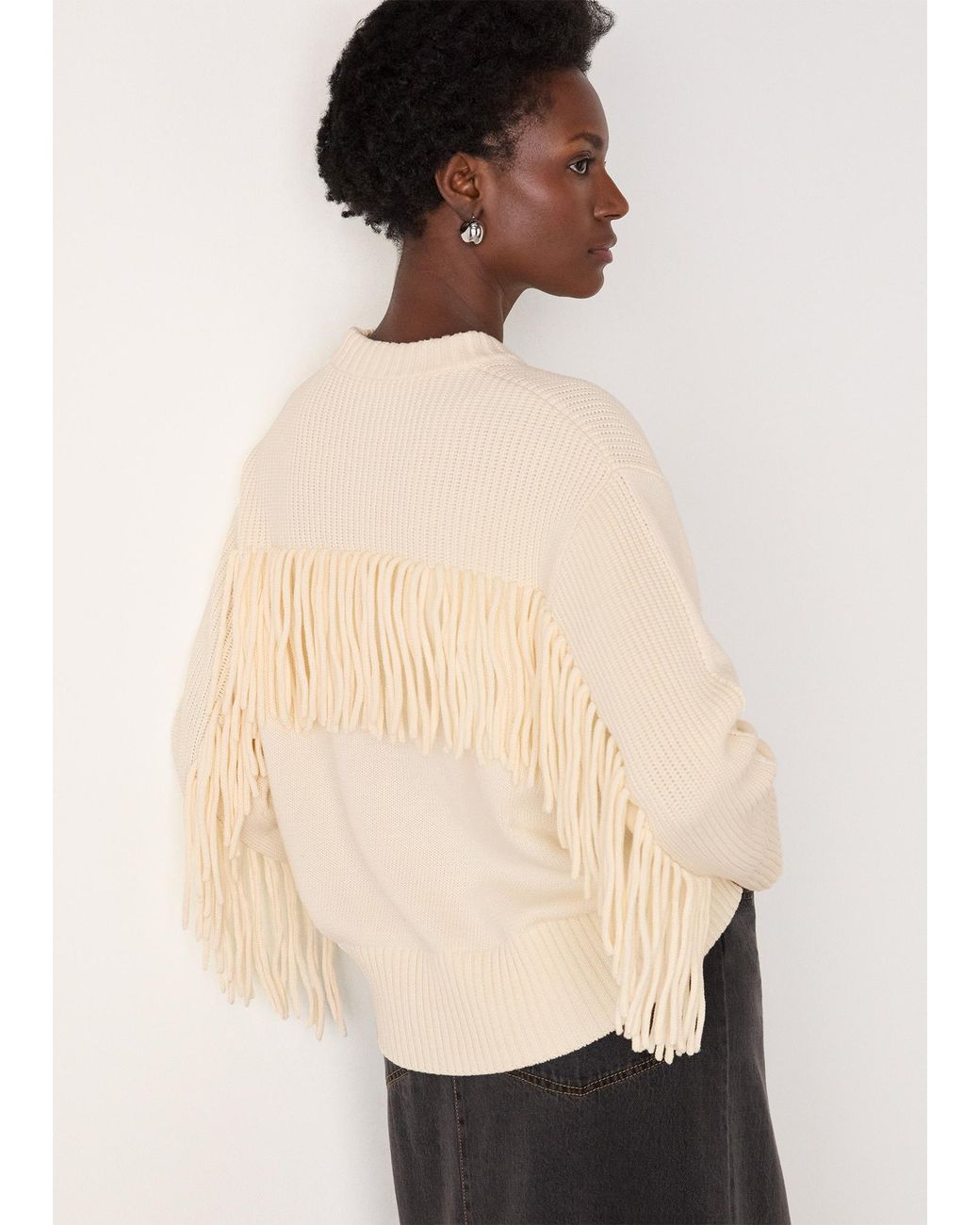 Whistles Natural Fringe Rib Detail Cotton Knit