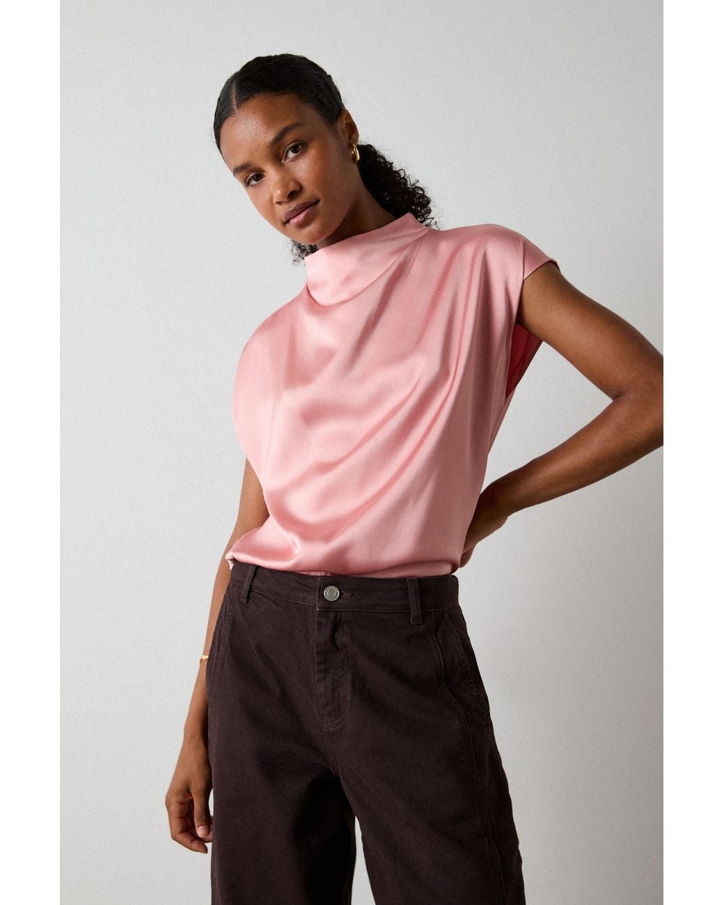 Whistles Pink Cowl Neck Satin Sleeveless Top