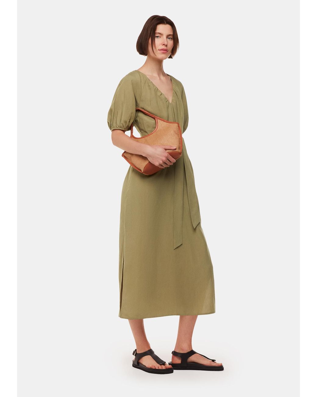Whistles Green Ariella Linen Blend Midi Dress
