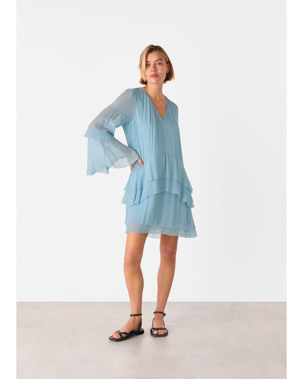 Whistles Blue Frill Boho Mini Dress