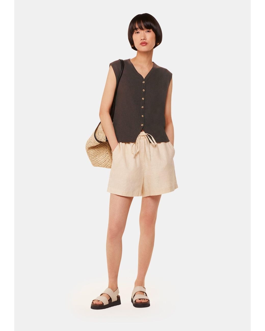 Whistles Brown Linen Button Front Tank