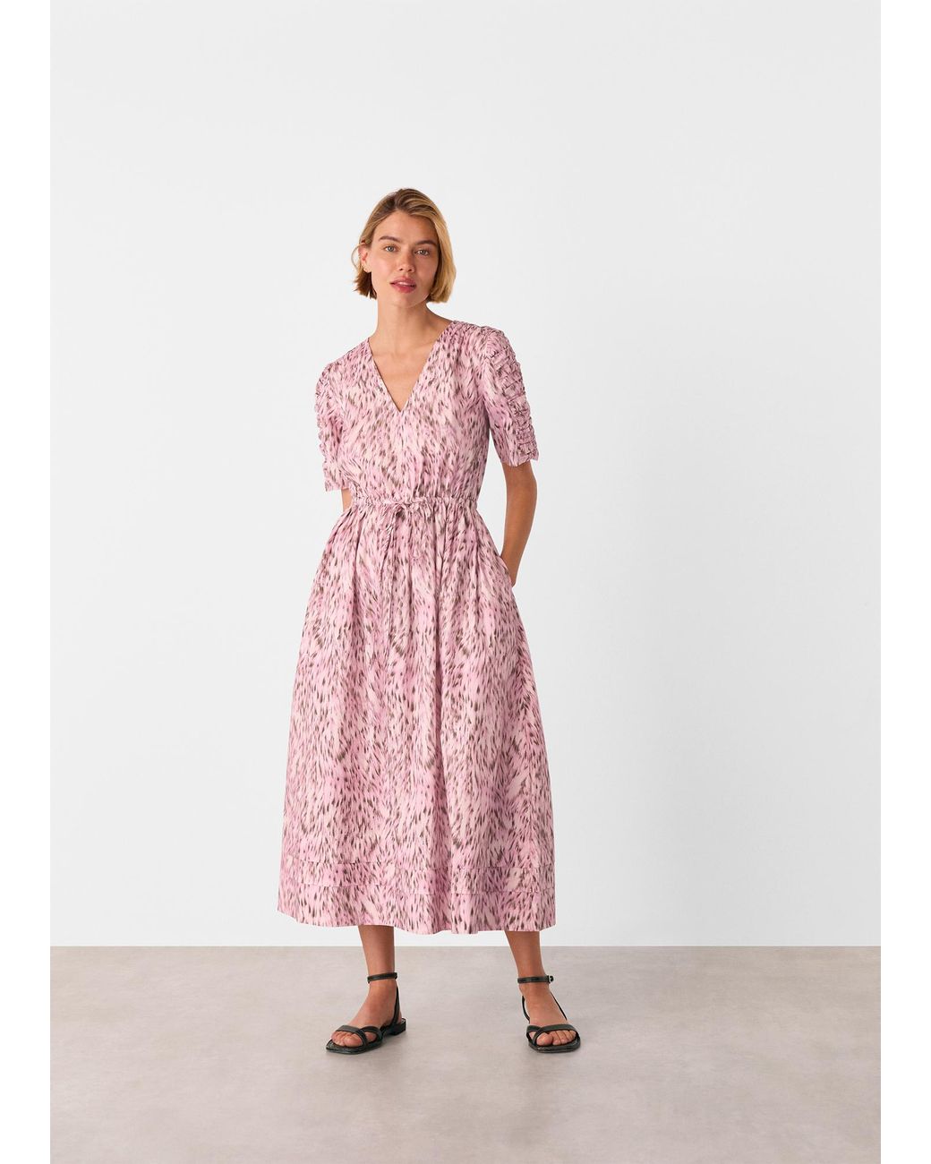 Whistles Pink Leopard Cotton Midi Dress