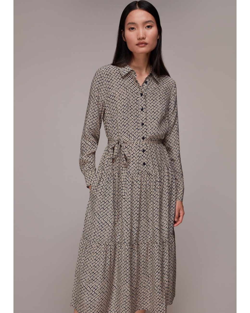 Whistles Brown Clover Print Shirt Dress