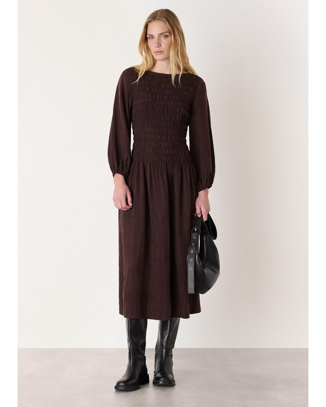 Whistles Blue Checked Shirred Dress