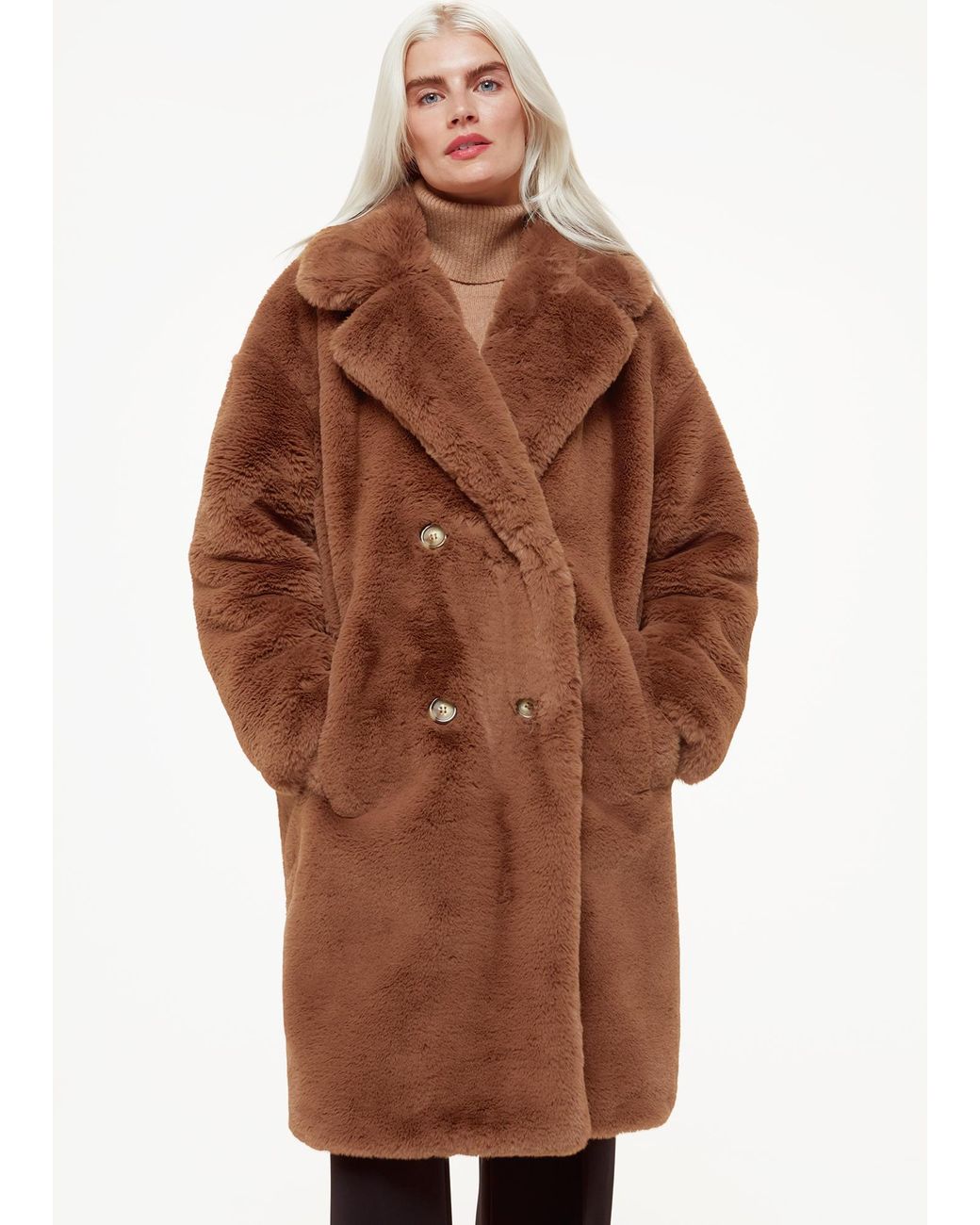 Whistles Brown Petite Teddy Faux Fur Coat