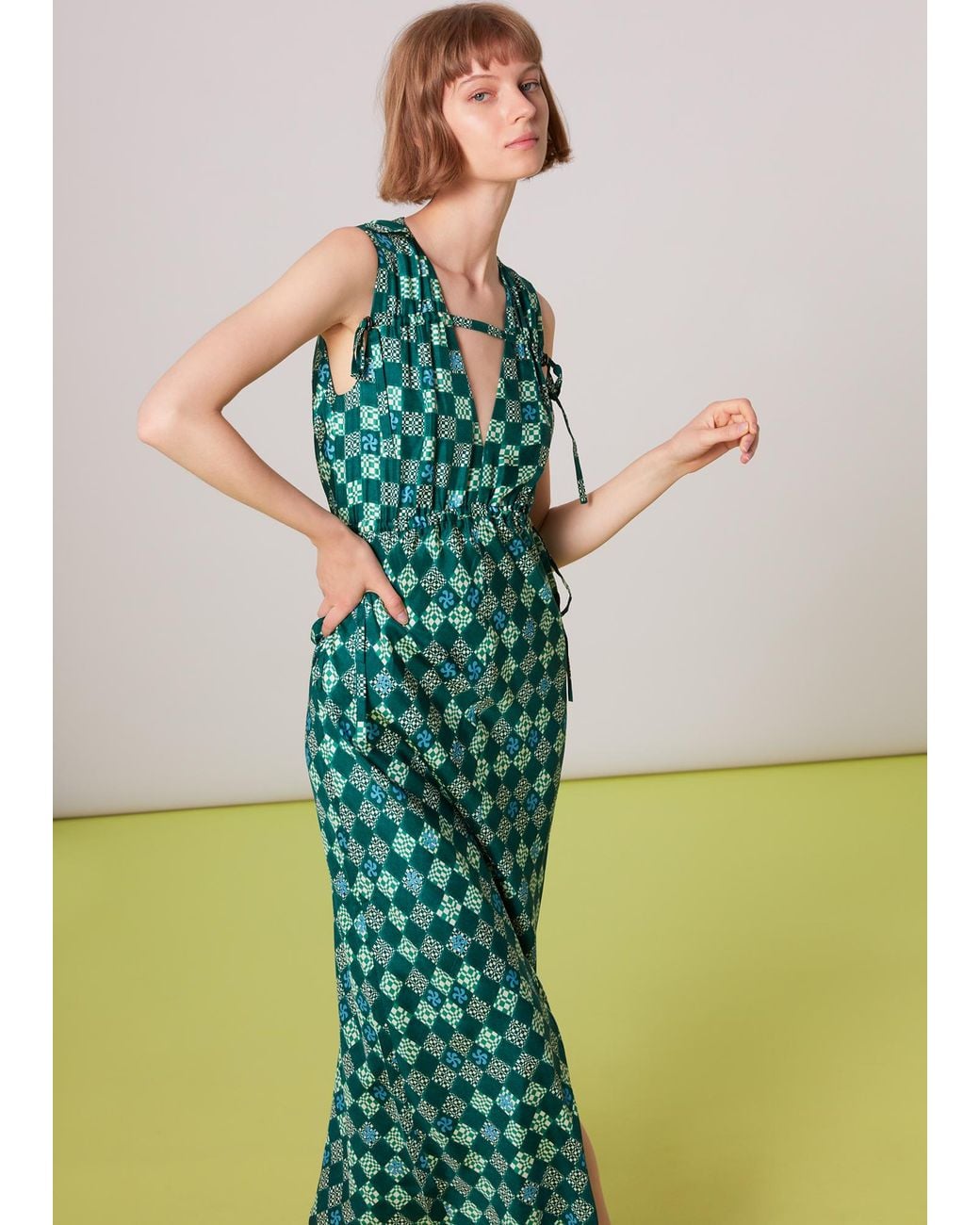 Whistles Green Silk Checkerboard Dress