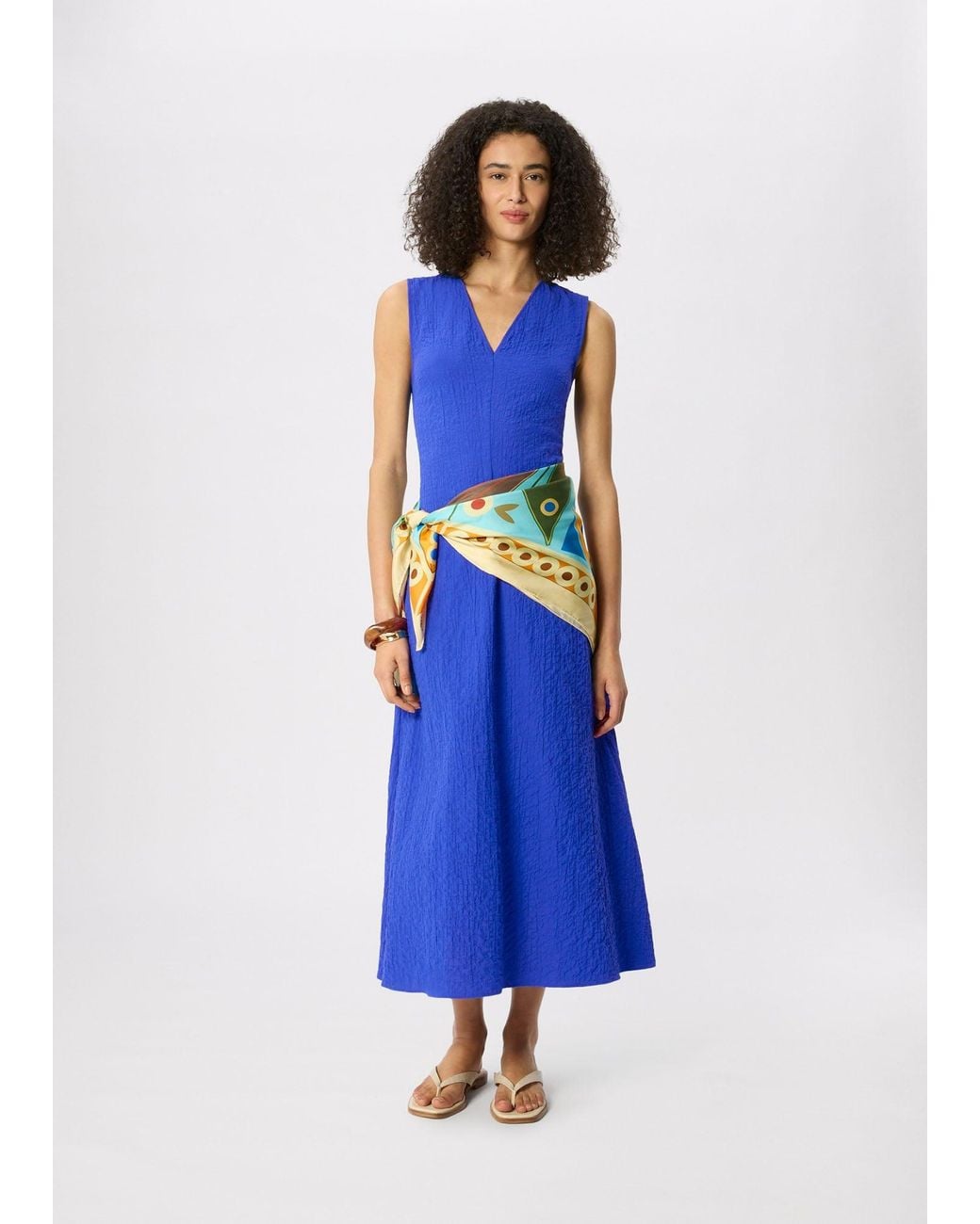 Whistles Blue V Neck Textured Dress