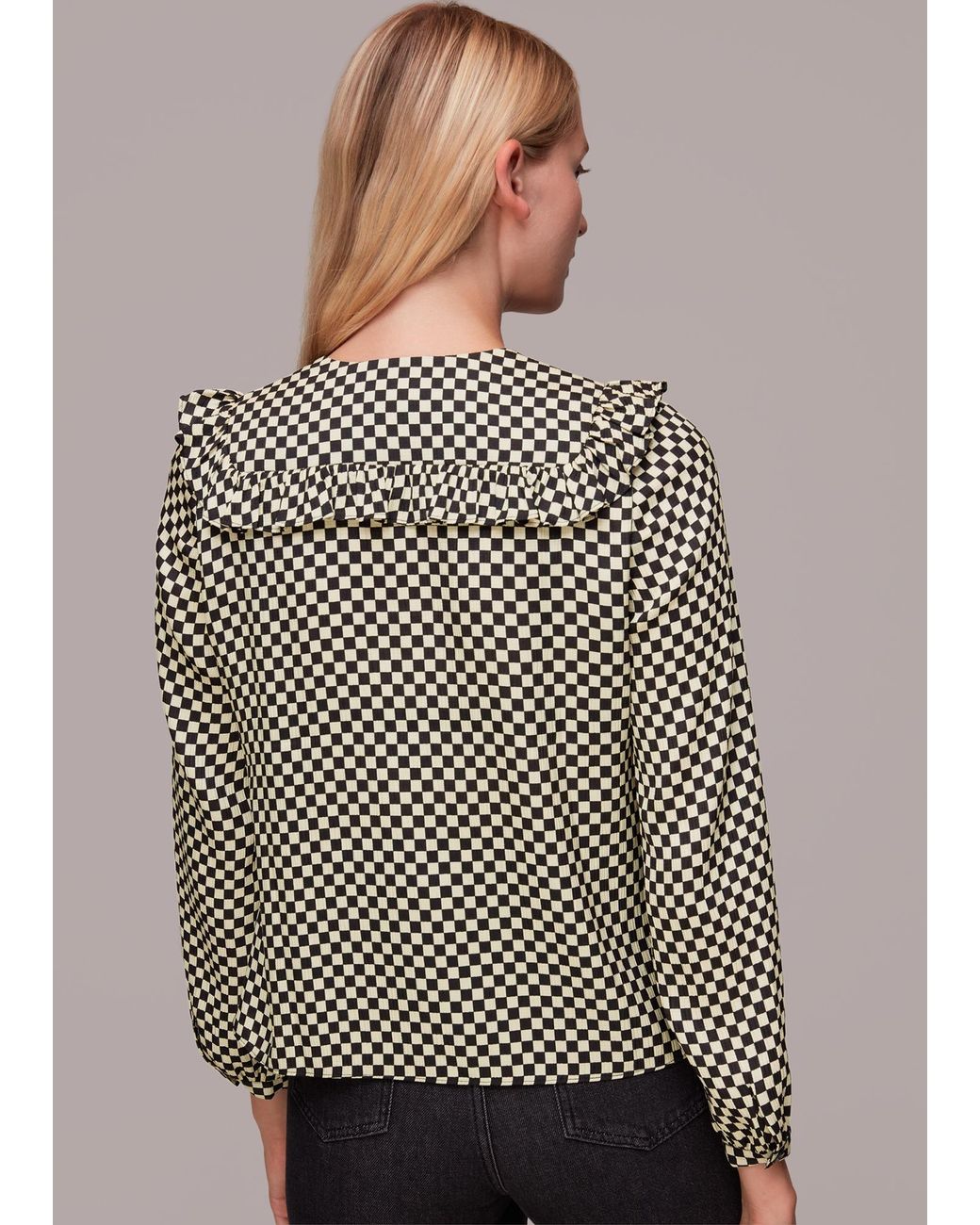 Whistles Gray Checkerboard Collar Detail Top