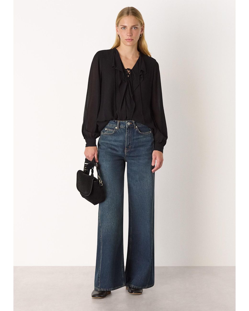 Whistles Blue Sheer V Neck Frill Blouse
