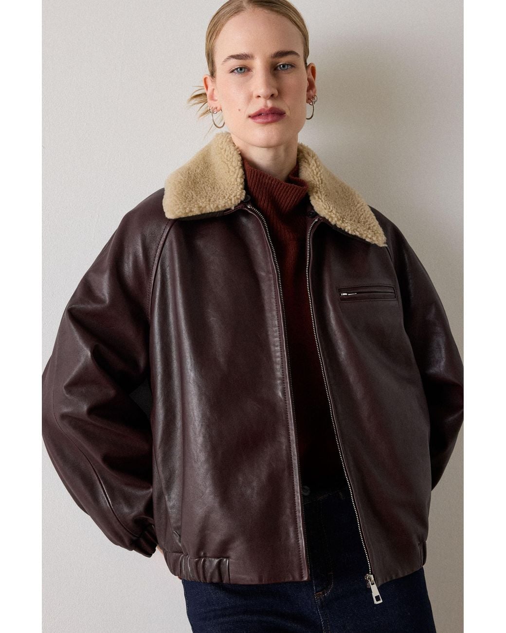 Whistles Blue Shearling Trim Leather Bomber