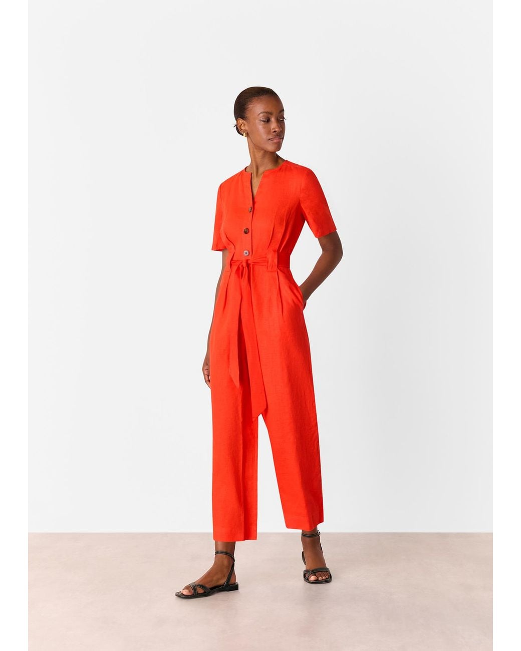 Whistles Red Petite Fiona Linen Button Jumpsuit
