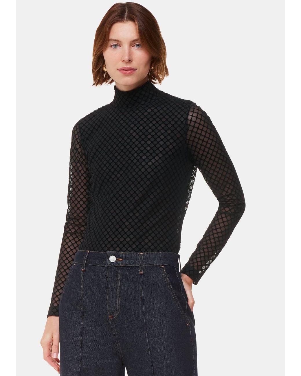 Whistles Black Checked Flocked Mesh Top