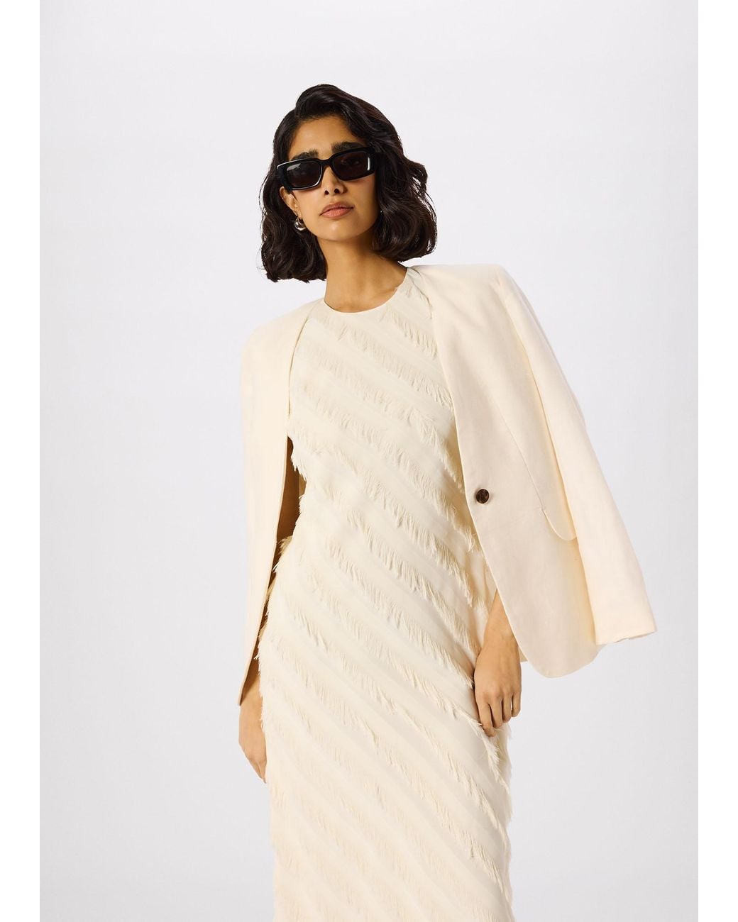 Whistles Natural Diagonal Fringe Textured Dress