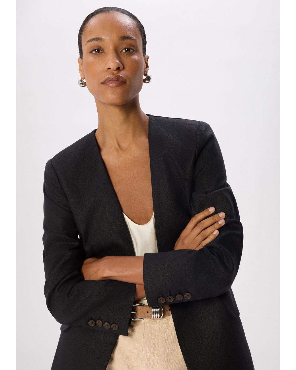 Whistles Black Petite Collarless Linen Blazer