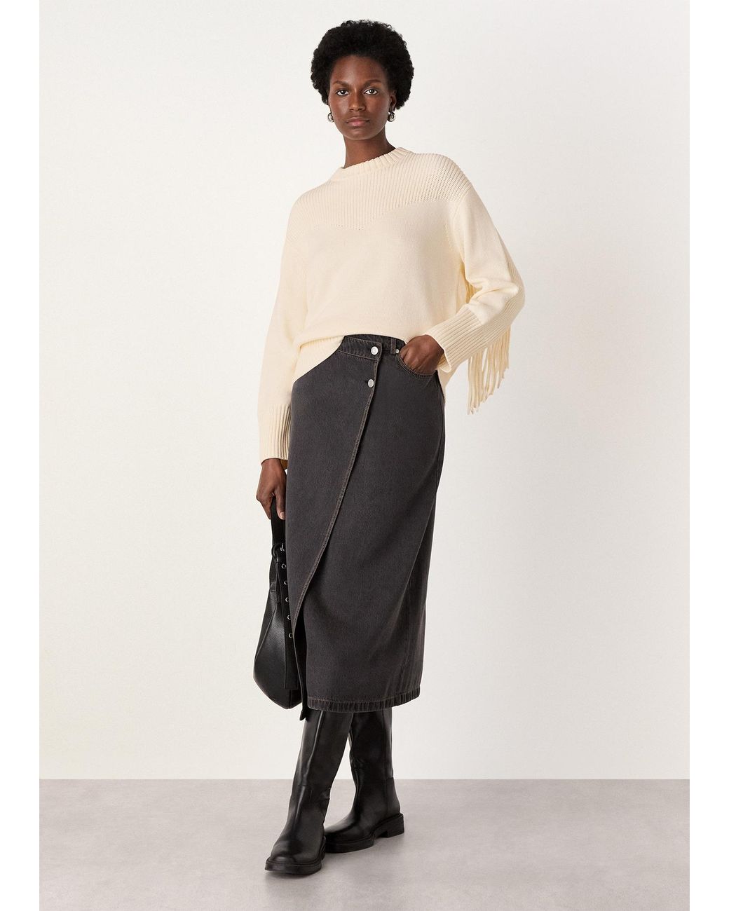 Whistles Natural Fringe Rib Detail Cotton Knit