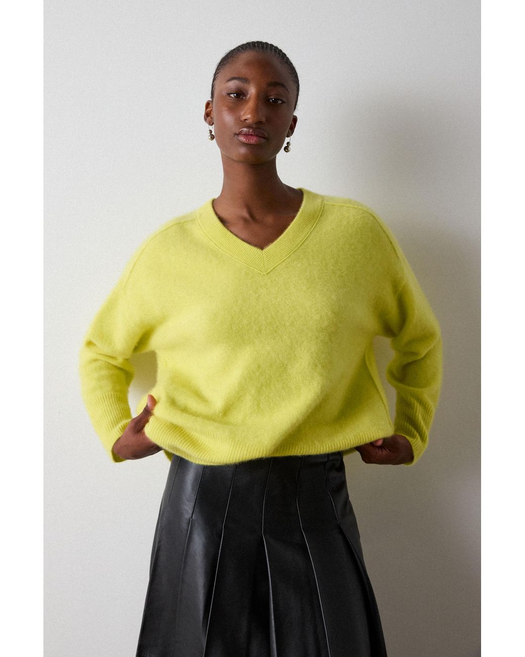 Whistles Yellow Brushed Cashmere V Neck Knit