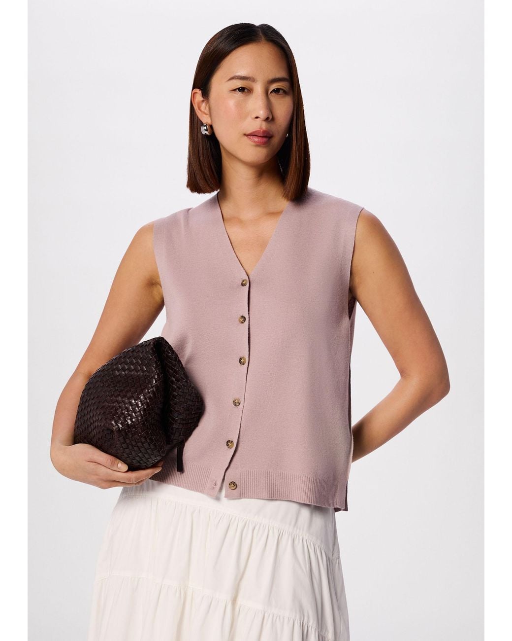 Whistles Pink V Neck Button Front Knit Tank