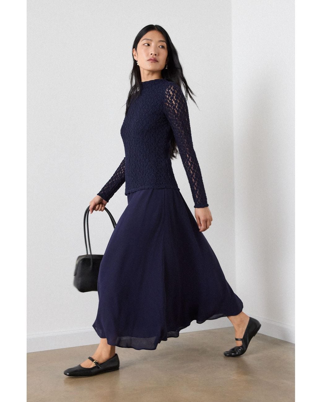 Whistles Blue Textured Drop Waist Midi Dress