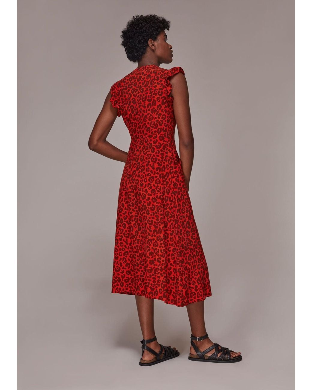 Whistles Red Animal Frill Sleeve Midi Dress