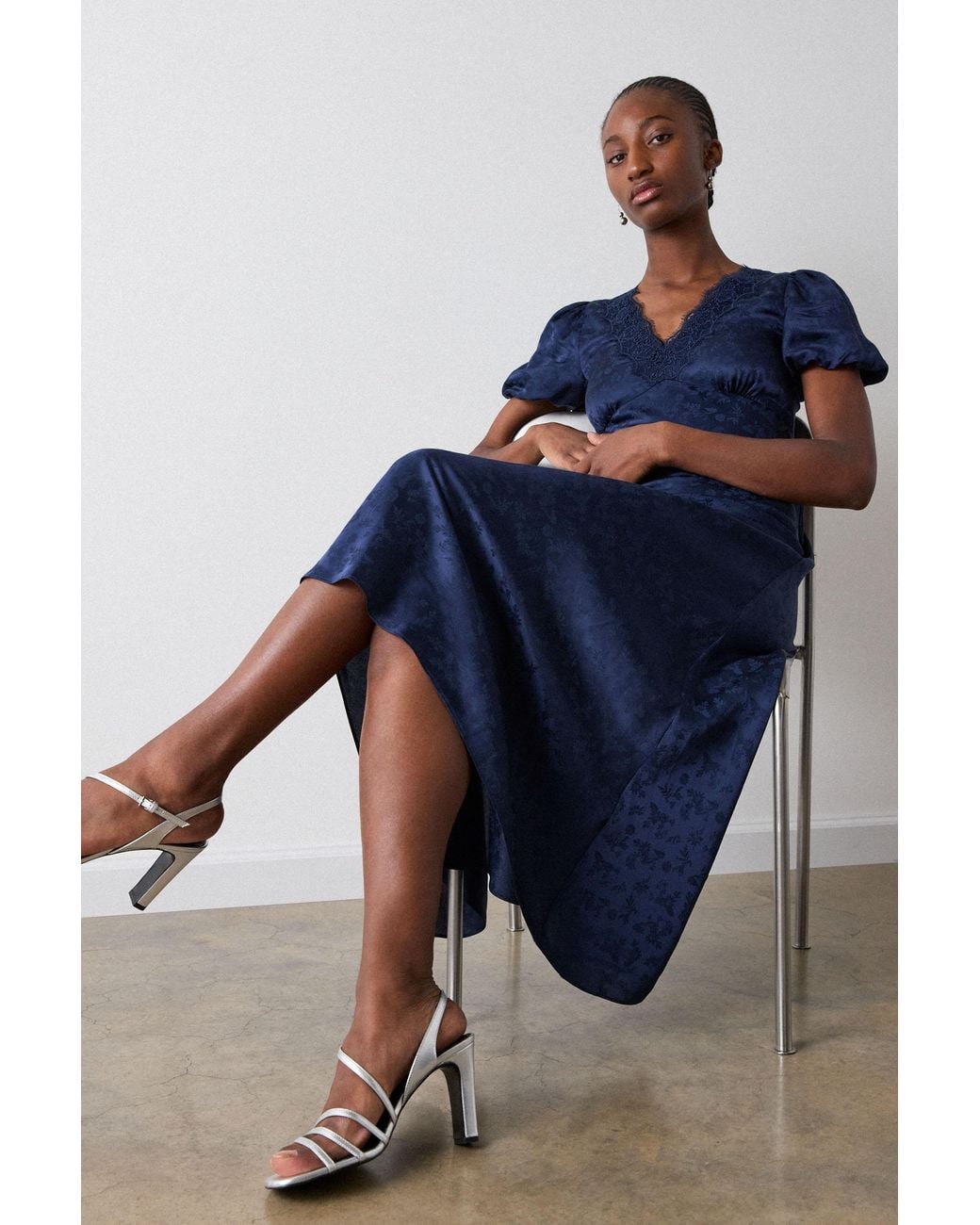 Whistles Blue Jacquard V Neck Midi Dress